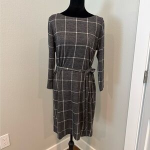 LOFT Charcoal Checkered Long Sleeve Dress